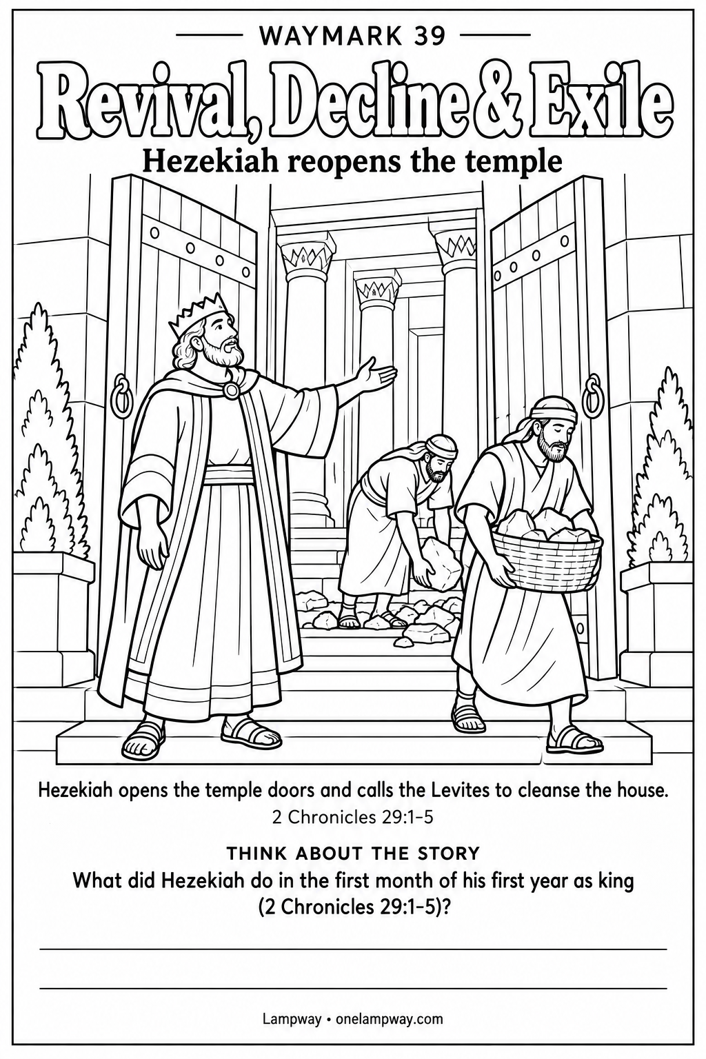 Hezekiah opens the temple doors and calls the Levites to cleanse the house. 2 Chronicles 29:1-5. What did Hezekiah do in the first month of his first year as king (2 Chronicles 29:1-5)?
