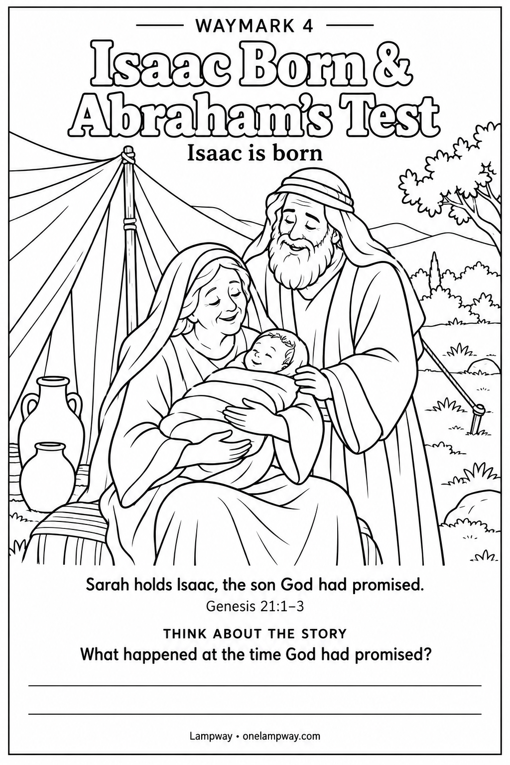 Sarah holds Isaac, the son God had promised. Genesis 21:1-3. What happened at the time God had promised?