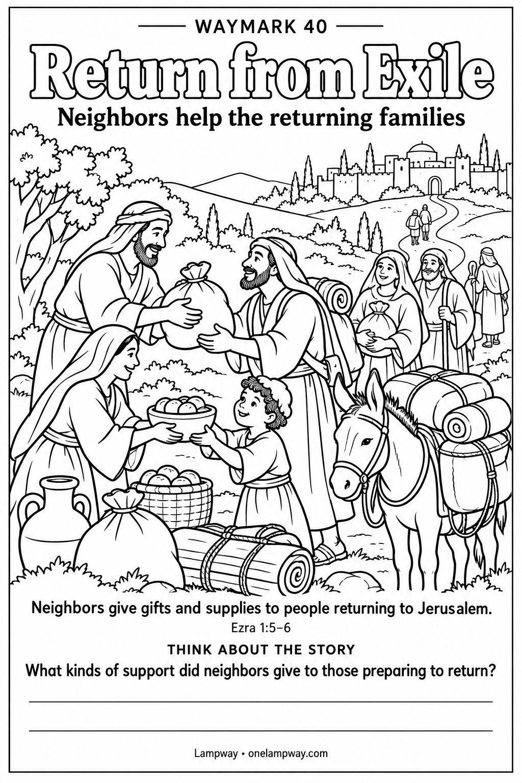 Neighbors give gifts and supplies to people returning to Jerusalem. Ezra 1:5-6. What kinds of support did neighbors give to those preparing to return?