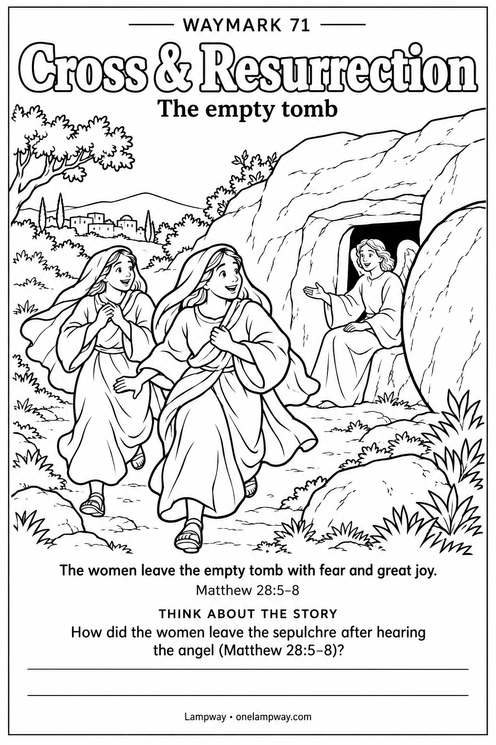 The women leave the empty tomb with fear and great joy. Matthew 28:5-8. How did the women leave the sepulchre after hearing the angel (Matthew 28:5-8)?