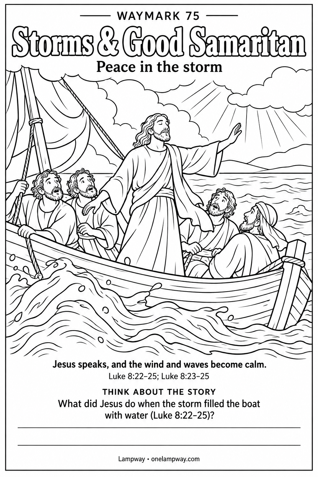 Jesus speaks, and the wind and waves become calm. Luke 8:22-25; Luke 8:23-25. What did Jesus do when the storm filled the boat with water (Luke 8:22-25)?