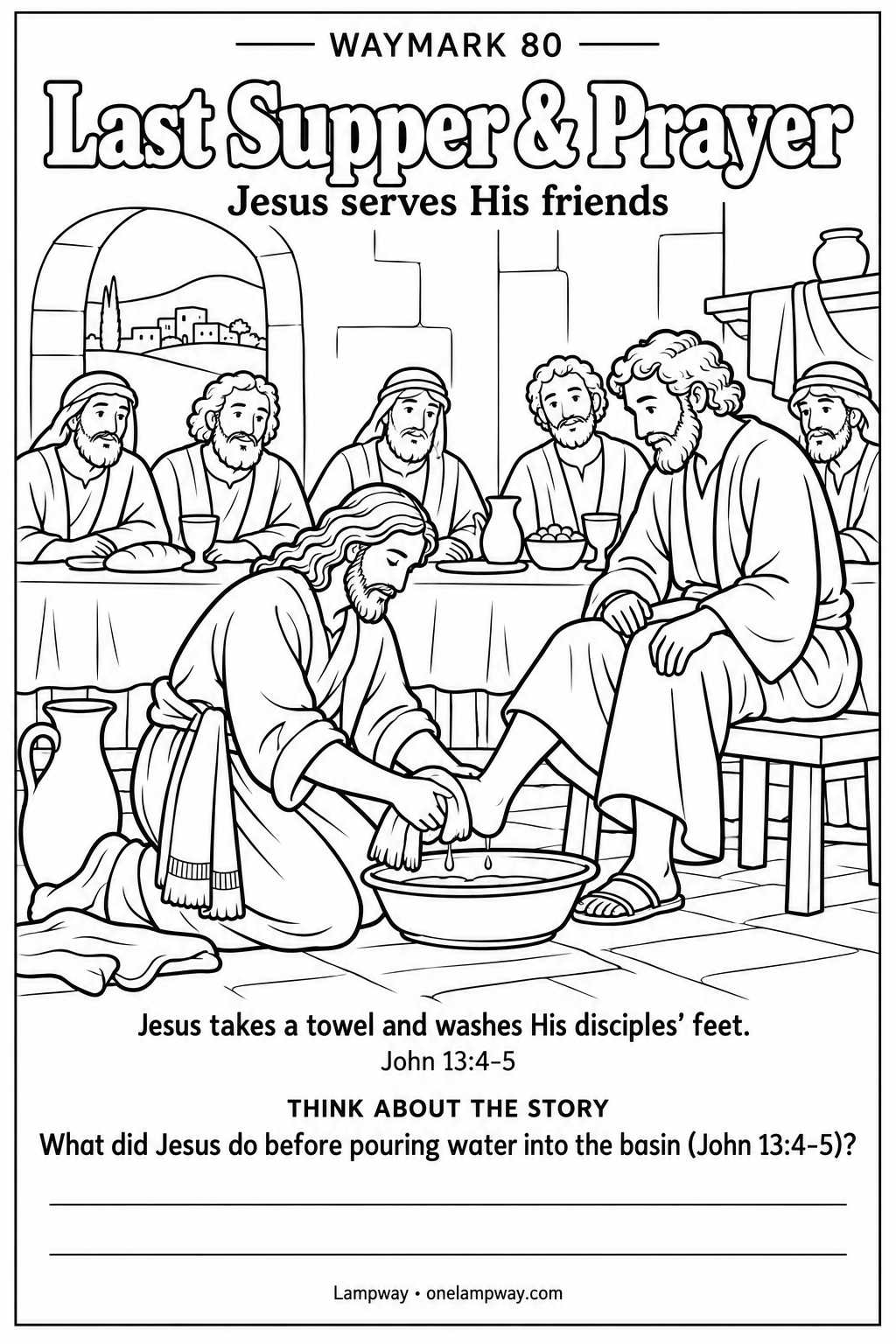Jesus takes a towel and washes His disciples’ feet. John 13:4-5. What did Jesus do before pouring water into the basin (John 13:4-5)?