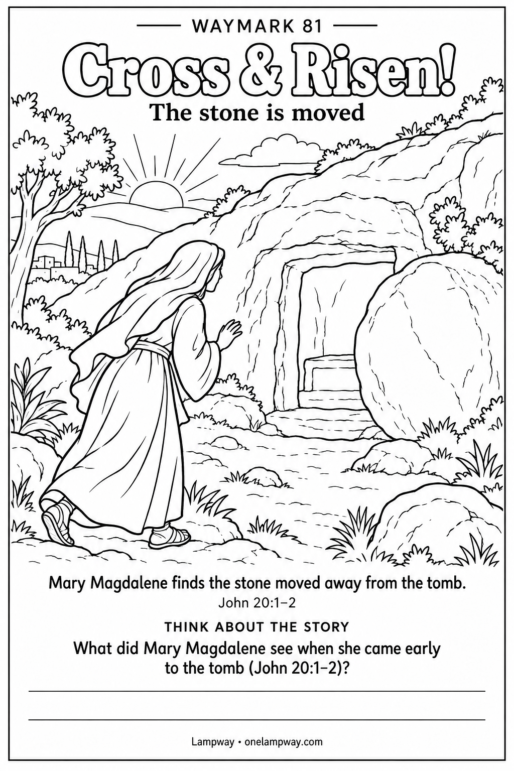 Mary Magdalene finds the stone moved away from the tomb. John 20:1-2. What did Mary Magdalene see when she came early to the tomb (John 20:1-2)?