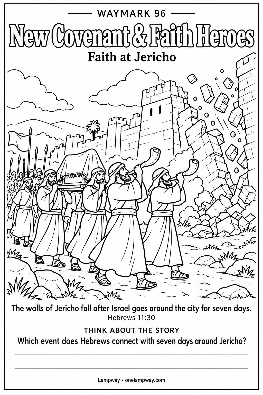 The walls of Jericho fall after Israel goes around the city for seven days. Hebrews 11:30. Which event does Hebrews connect with seven days around Jericho?