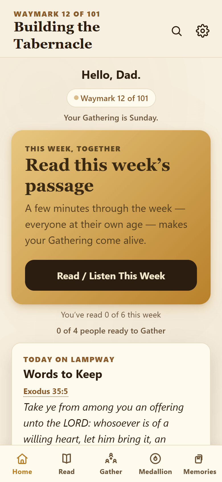 Lampway home screen with this week's Waymark and a verse to keep