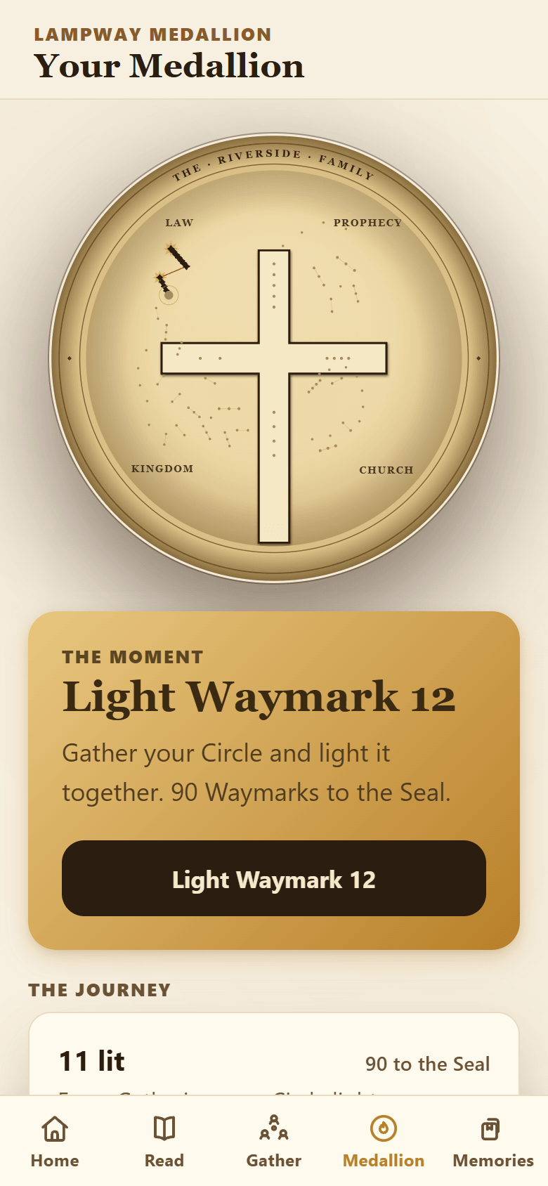The Lampway Medallion showing lit Waymarks across the journey