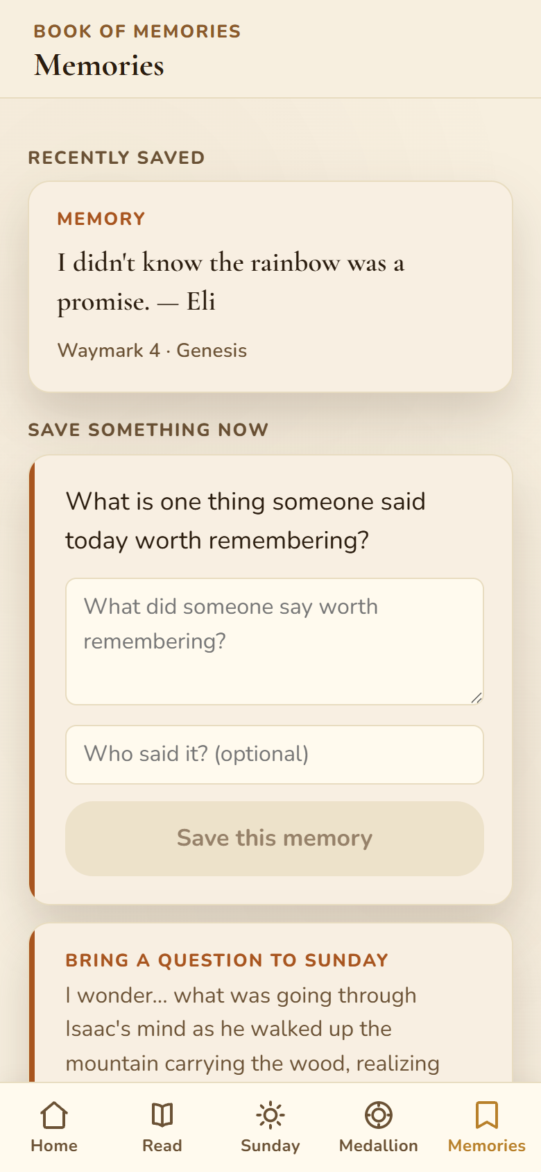 The Book of Memories with a saved quote and a capture form