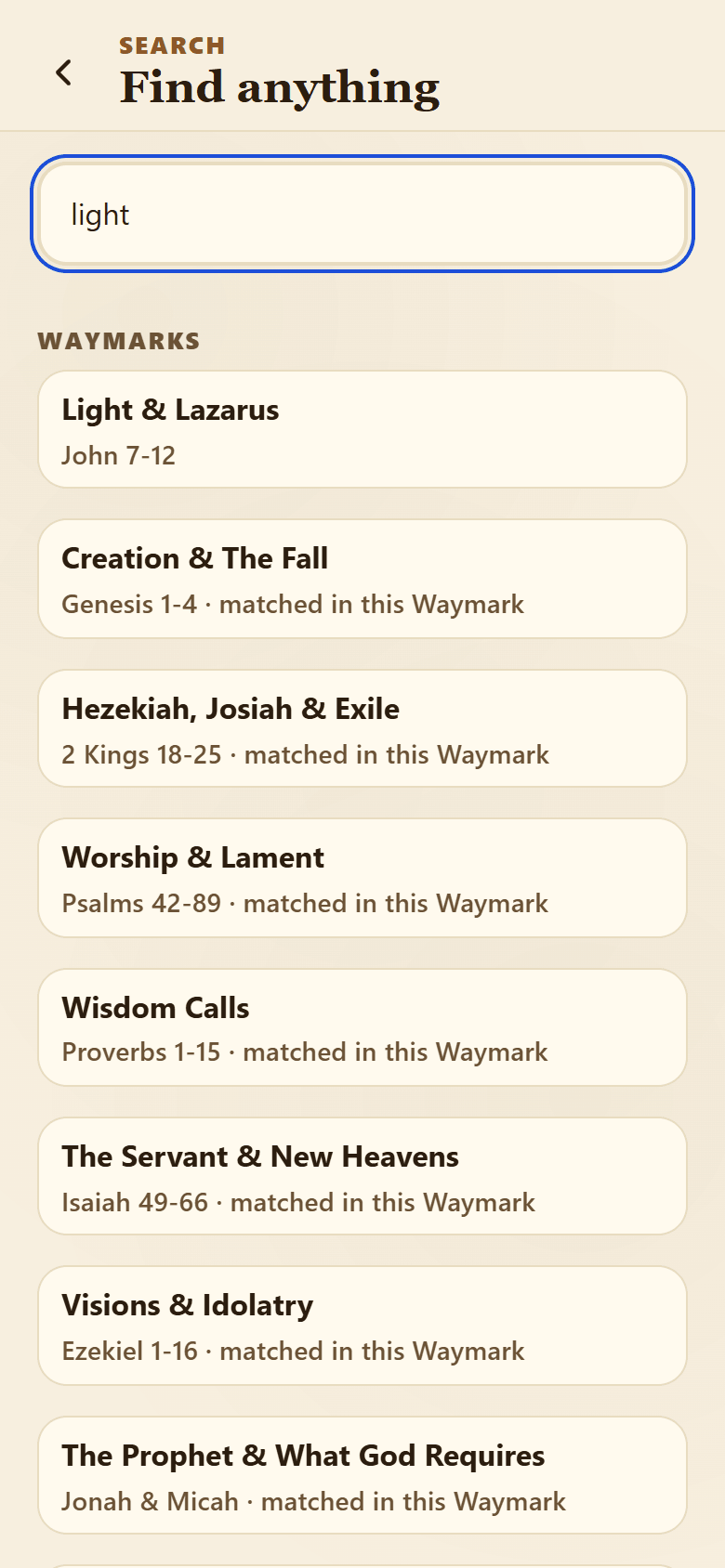 Lampway Search screen finding passages and saved moments