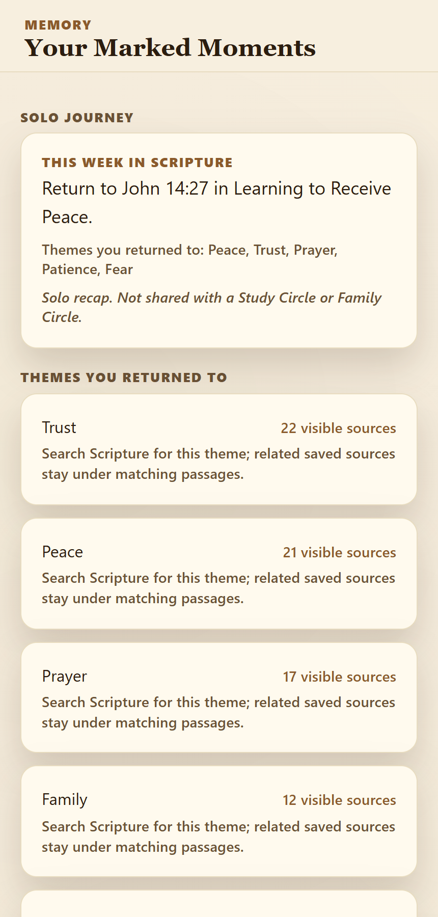 Your Marked Moments after three months of reading — this week in Scripture, and the themes you returned to: Trust, Peace, Prayer, Family, each with the saved sources behind it
