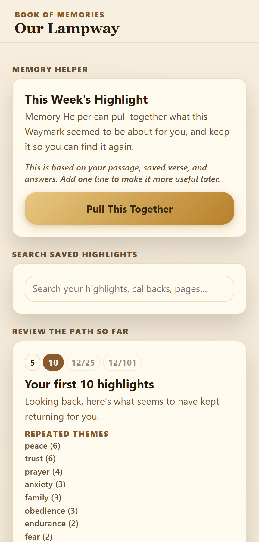 The Book of Memories — Our Lampway — showing this week's highlight, a search box for saved highlights, the path so far at Waymark 10 of 101, and the repeated themes that kept returning: peace, trust, prayer, anxiety, family