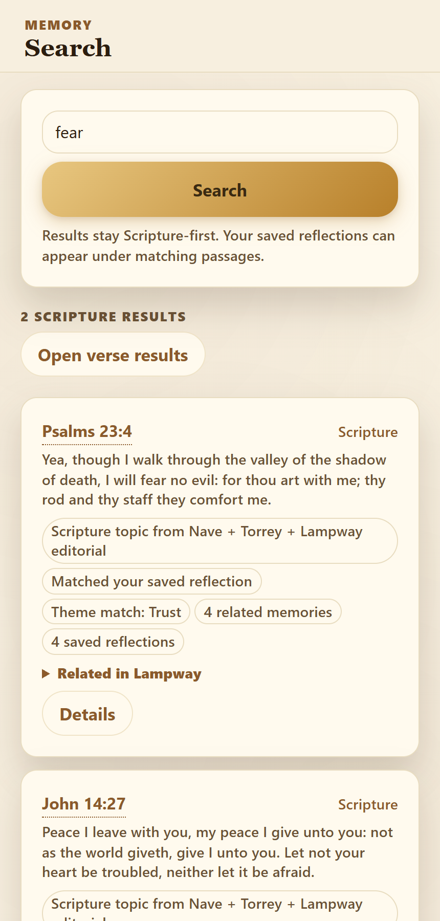 Searching "fear" returns Psalm 23:4 and John 14:27 with a count of related memories and saved reflections under each passage