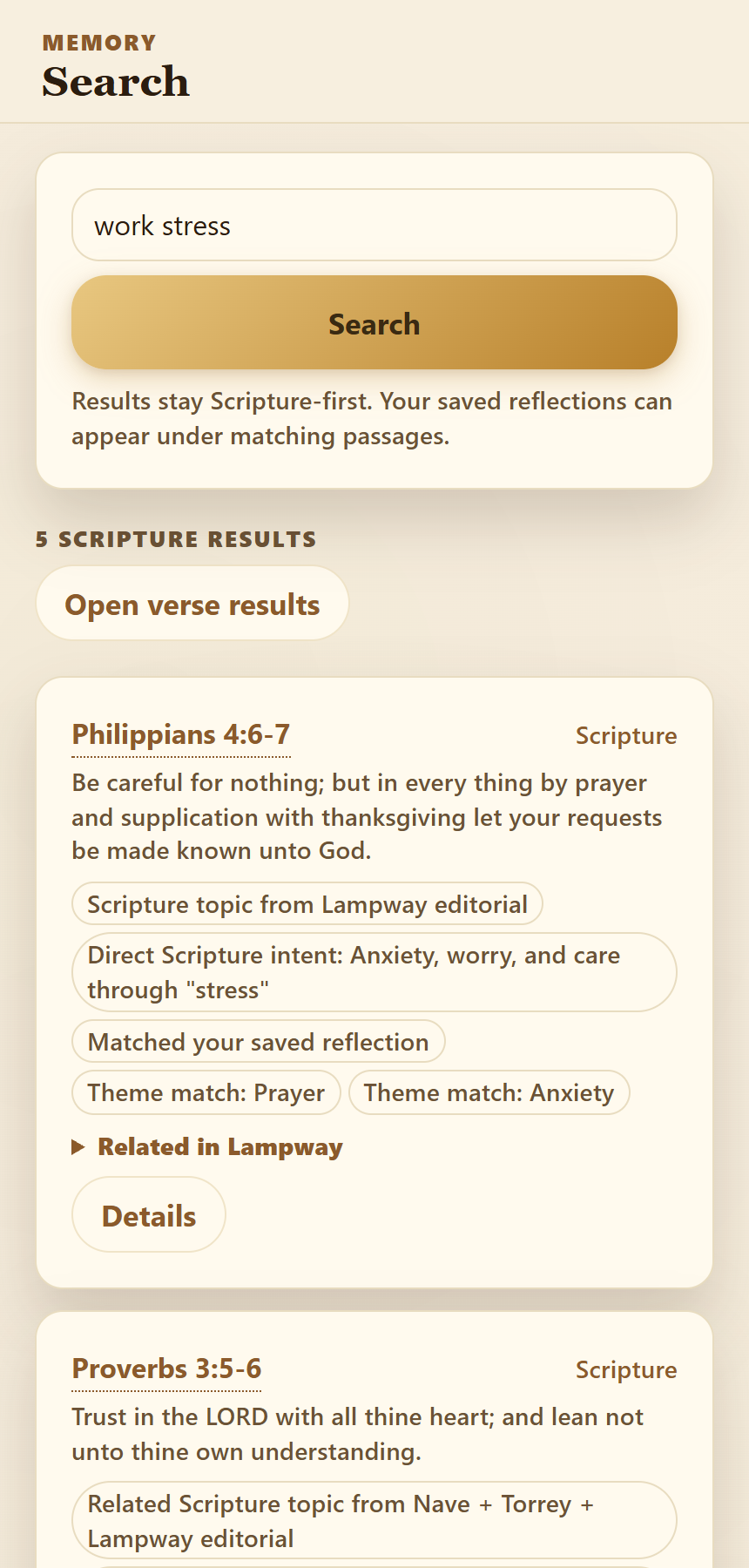 Searching "work stress" returns Philippians 4:6-7 and Proverbs 3:5-6, drawn from anxiety, prayer, peace and trust sources